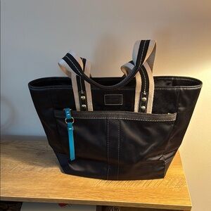 Coach Black Tote with Tan and Blue Accents